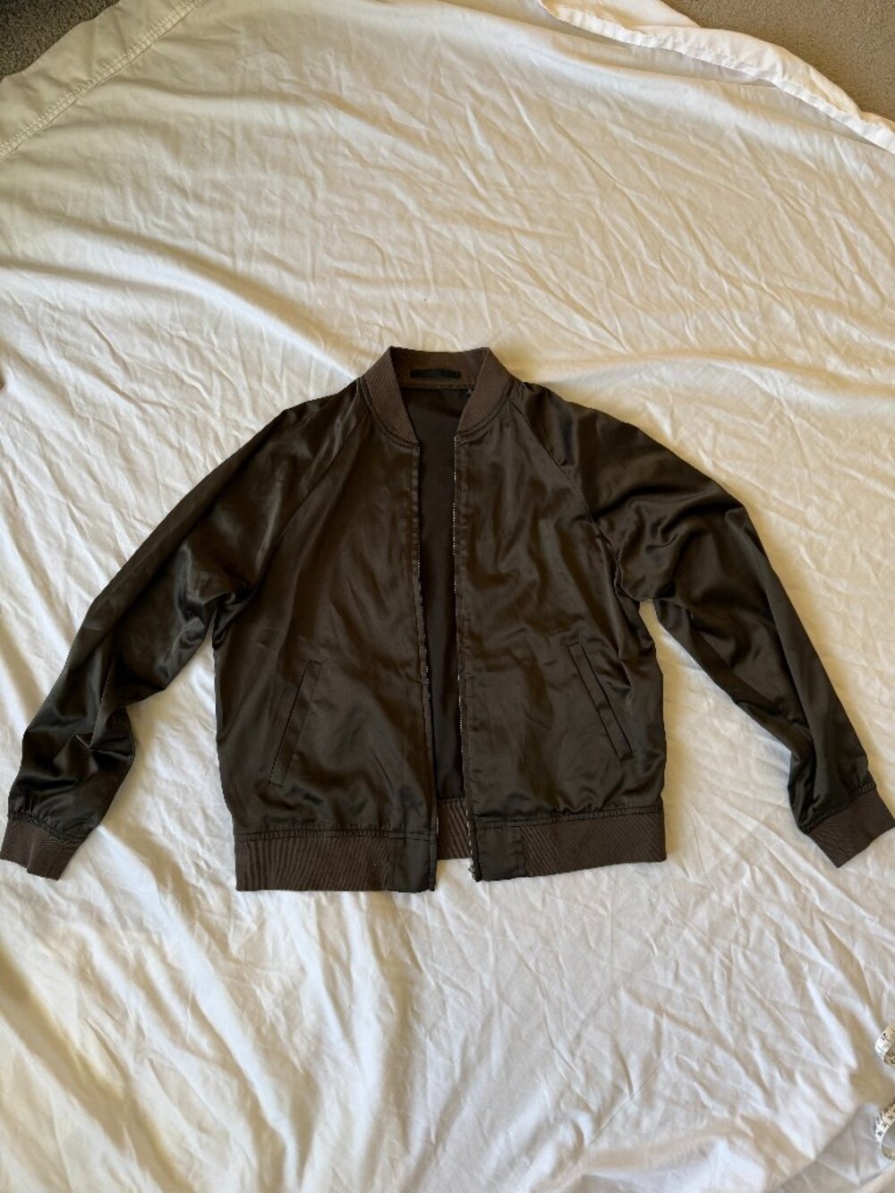 Uniqlo Dark Green Satin Bomber Jacket Women's Lightweight Zip Up Casual Jacket